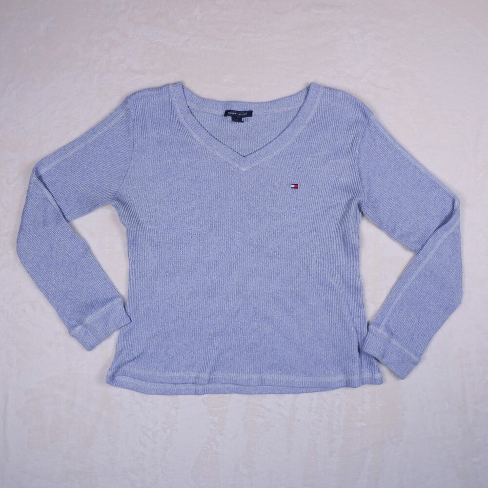 Tommy Hilfiger Ribbed Long Sleeve V-Neck Top Size L Baby Blue Soft Cozy Y2K